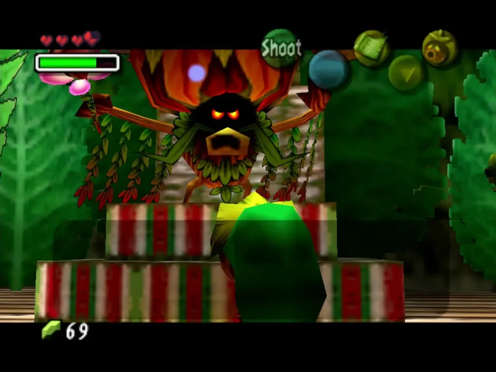 Link stands before the Deku King seated on his throne in the Deku Palace throne room Link stands before the Deku King seated on his throne in the Deku Palace throne room