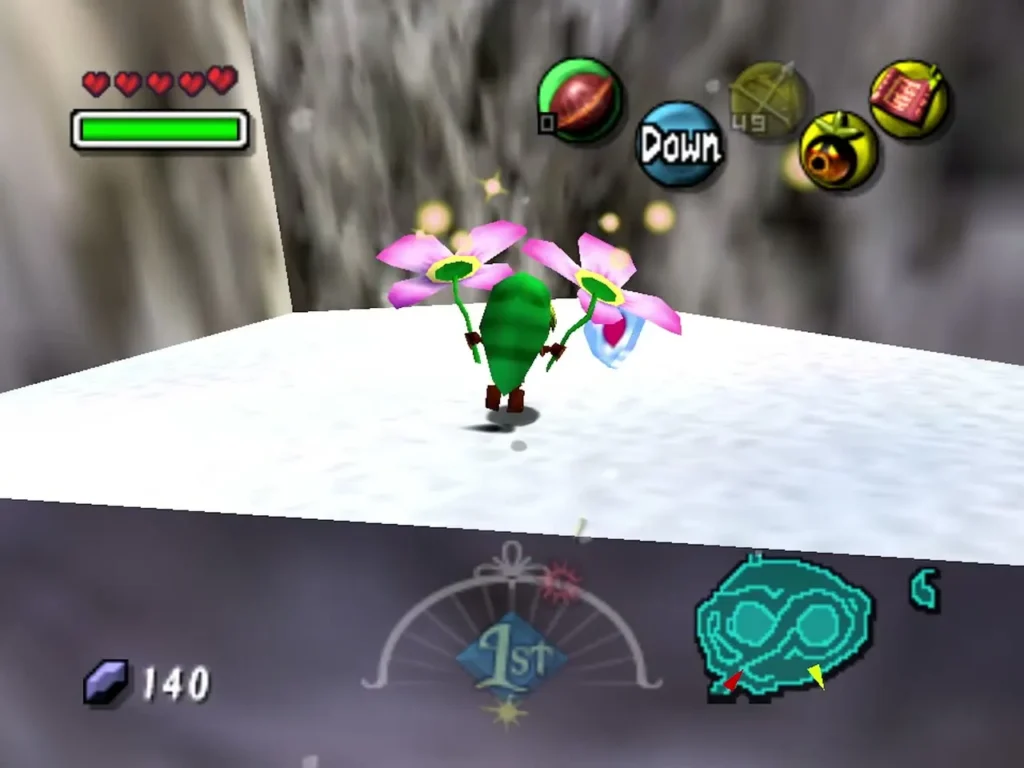 Deku Link gliding on two flowers toward the Piece of Heart on the snowy ledge above Deku Link gliding on two flowers toward the Piece of Heart on the snowy ledge above