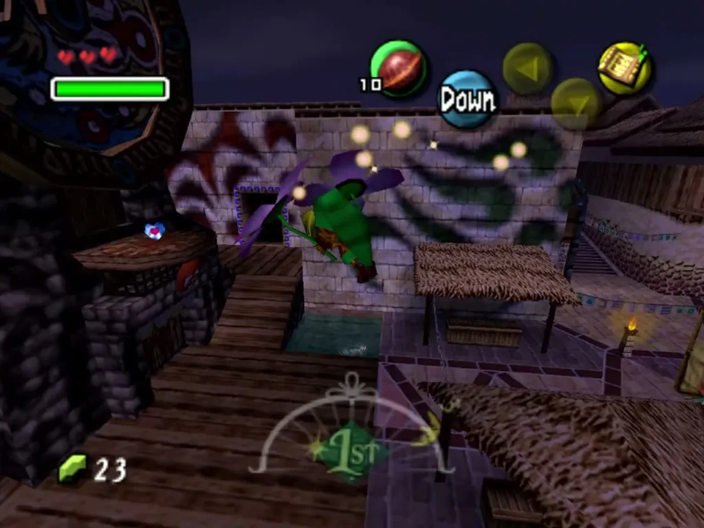 Deku Link gliding toward the Clock Tower balcony Deku Link gliding toward the Clock Tower balcony