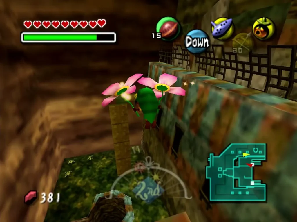 Deku Link glides on flower petals above the pillars along the castle roof wall Deku Link glides on flower petals above the pillars along the castle roof wall