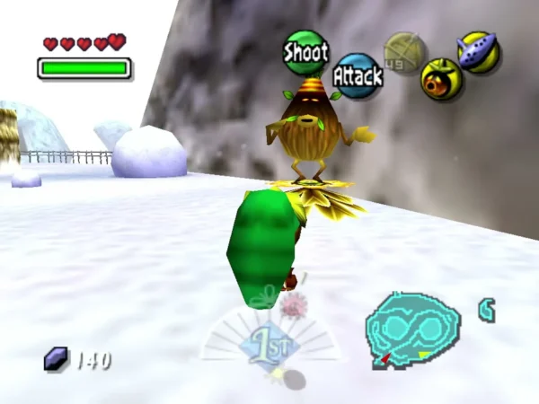 Deku Link standing before the Business Scrub on his flower on the snowy Mountain Village road Deku Link standing before the Business Scrub on his flower on the snowy Mountain Village road