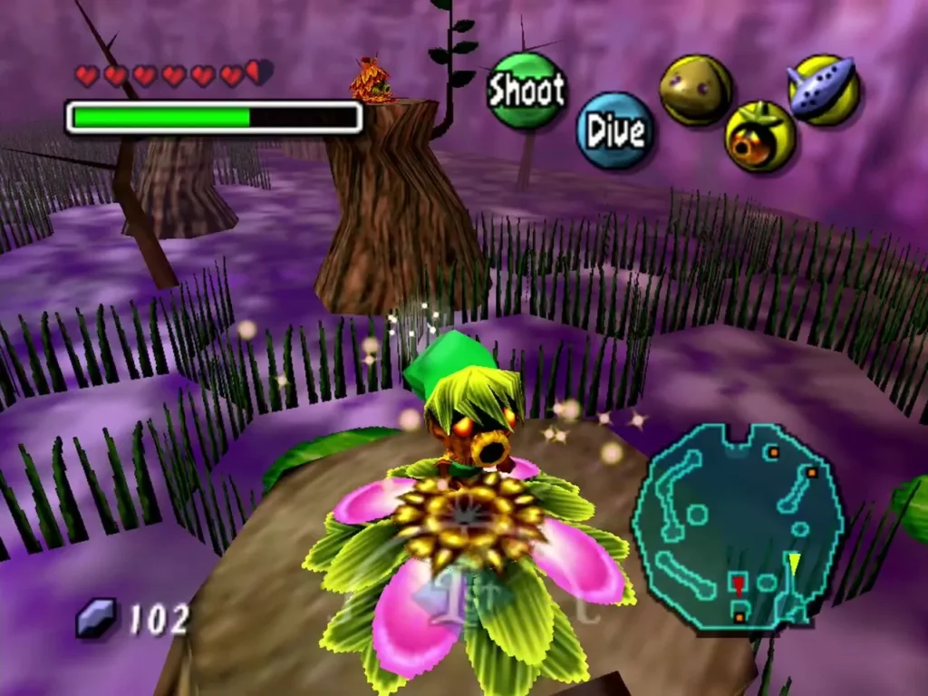 Deku Link standing on a pink Deku Flower in Woodfall Deku Link standing on a pink Deku Flower in Woodfall