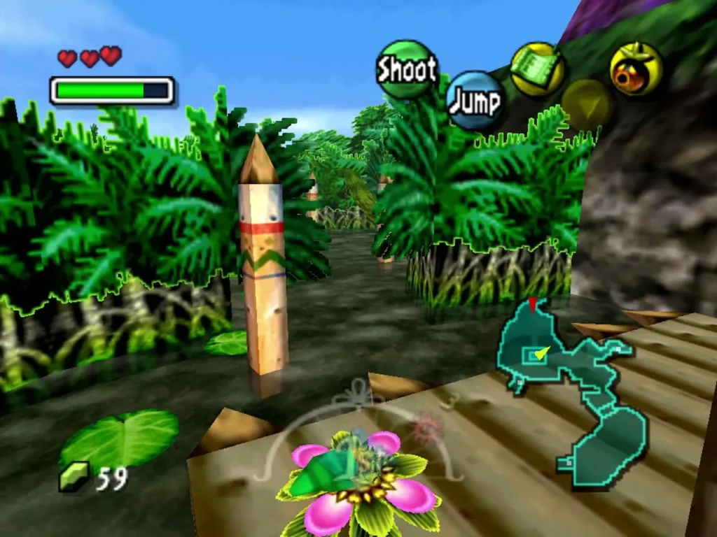 Deku Link standing in the pink Deku Flower on the Tourist Center walkway, with the Jump prompt showing Deku Link standing in the pink Deku Flower on the Tourist Center walkway, with the Jump prompt showing