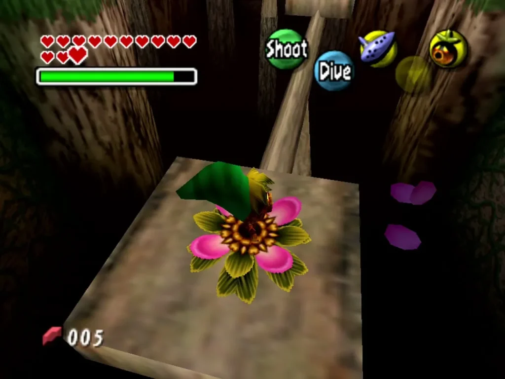 Deku Link on a flower atop a wooden platform in the Deku trial Deku Link on a flower atop a wooden platform in the Deku trial