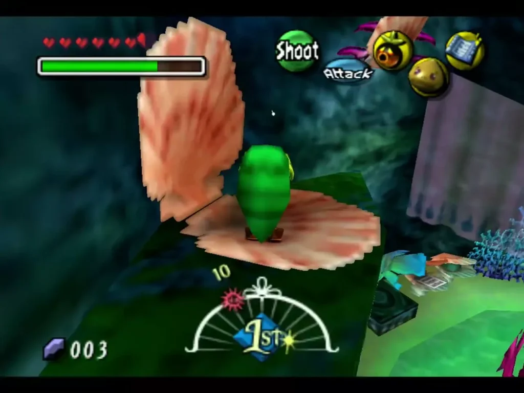 Deku Link standing on a shell-shaped ledge above the Zora Hall room Deku Link standing on a shell-shaped ledge above the Zora Hall room