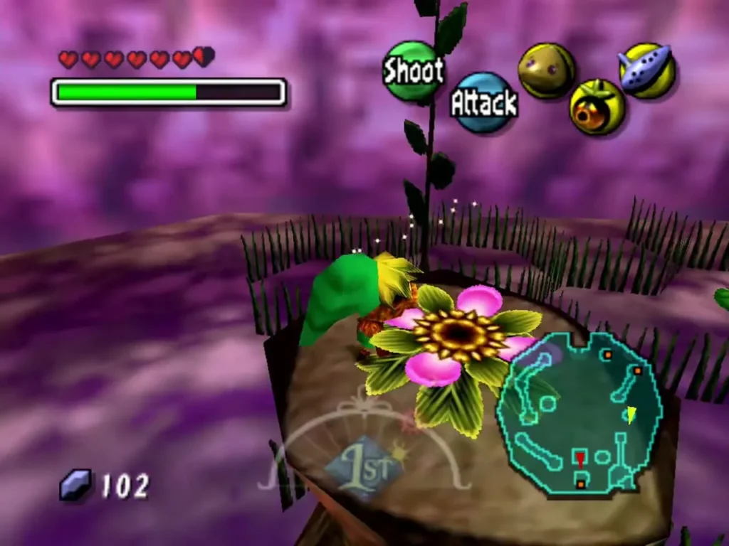 Deku Link on a tree stump beside a Deku Flower in Woodfall Deku Link on a tree stump beside a Deku Flower in Woodfall