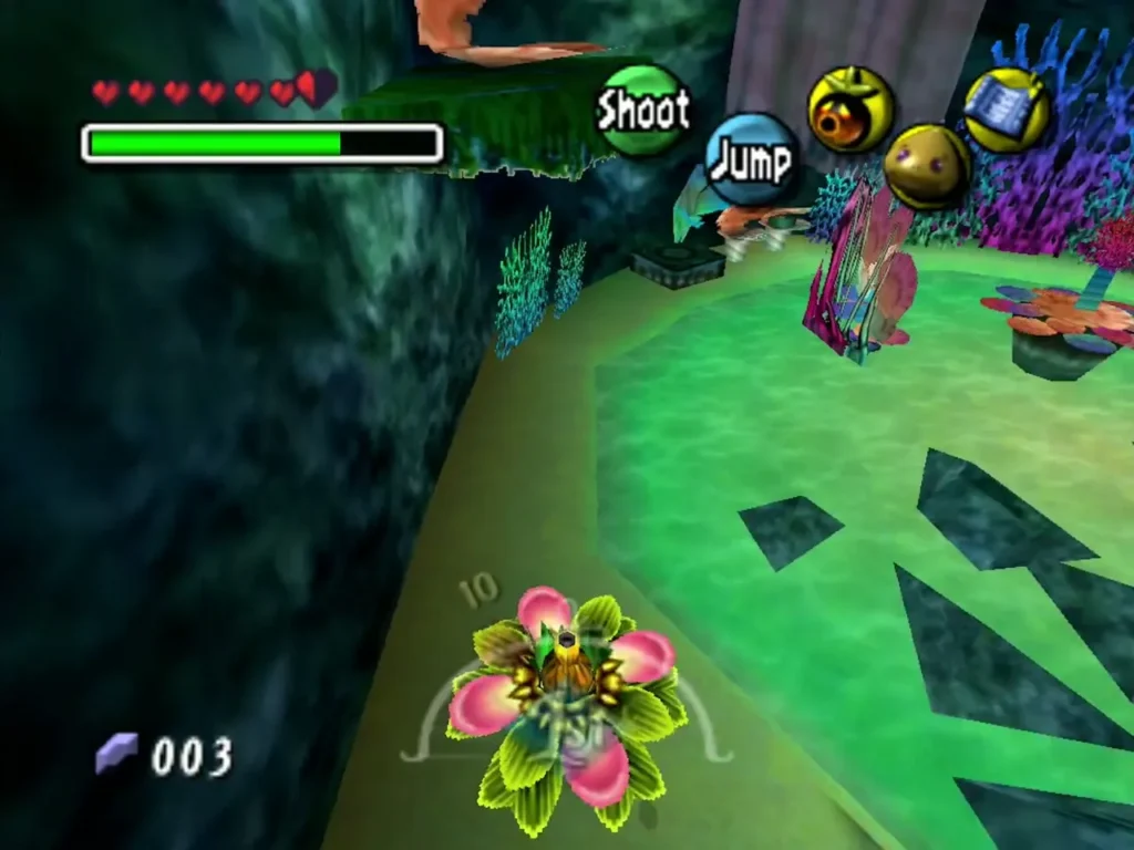 Deku Link rising on a pink Deku flower beside a green pool in the Zora Hall room Deku Link rising on a pink Deku flower beside a green pool in the Zora Hall room