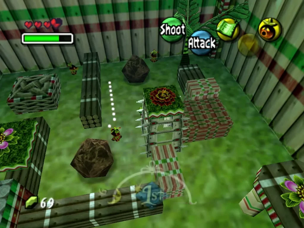 Deku Link aiming across the walled Deku Palace garden maze of hedges, crates and flower beds Deku Link aiming across the walled Deku Palace garden maze of hedges, crates and flower beds