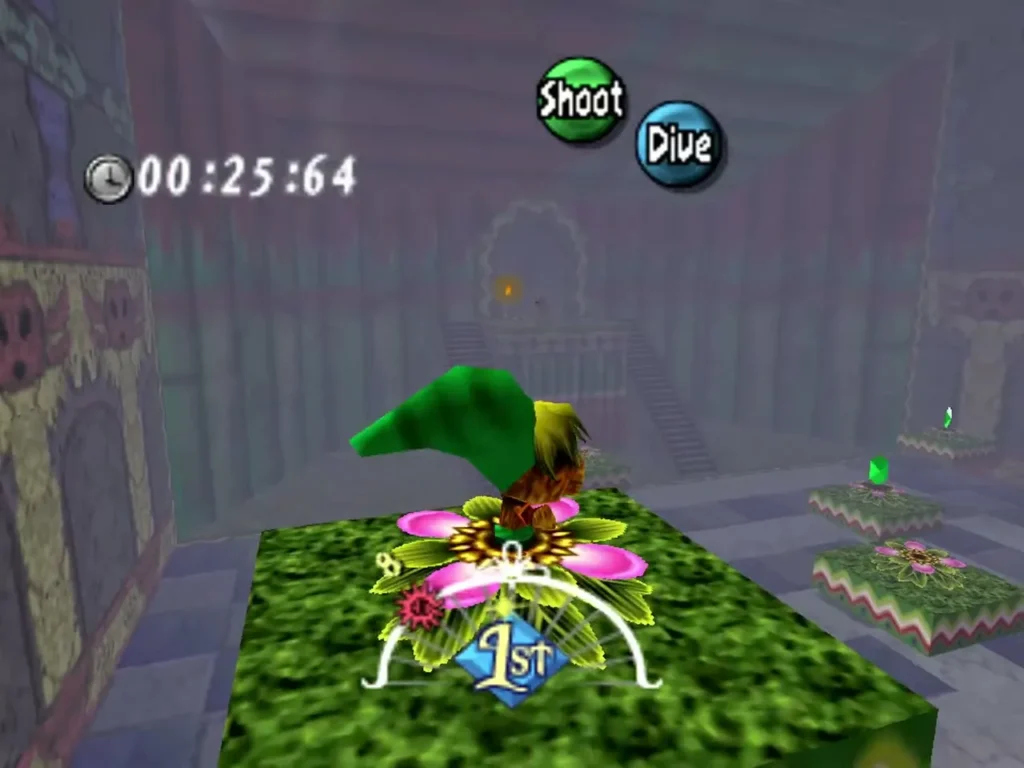 Deku Link on a flower-topped platform in the Deku Playground with the run timer counting up Deku Link on a flower-topped platform in the Deku Playground with the run timer counting up