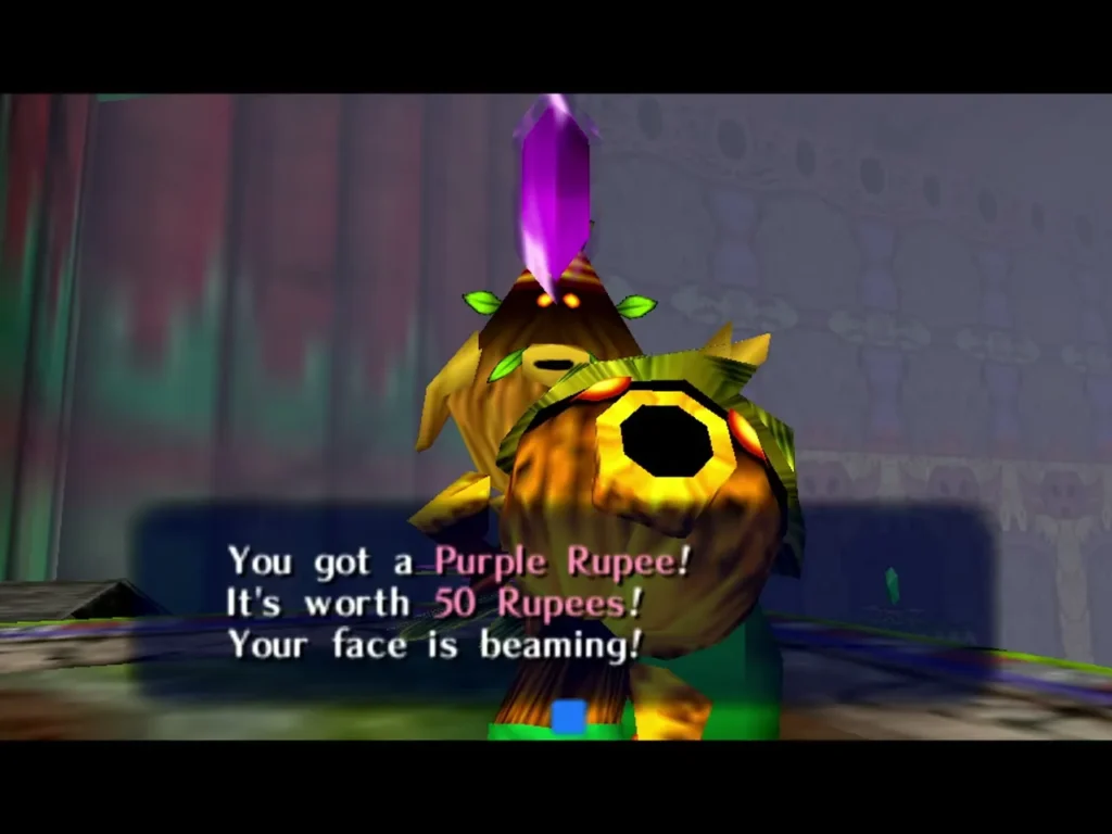 Deku Link holds up the prize, the box reading You got a Purple Rupee, worth 50 Rupees Deku Link holds up the prize, the box reading You got a Purple Rupee, worth 50 Rupees