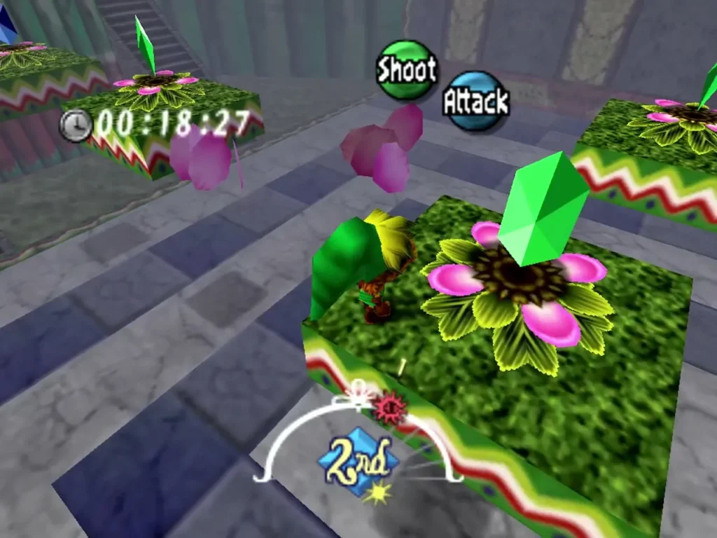 Deku Link on a flower platform beside a green rupee in the Deku Playground, the run timer showing Deku Link on a flower platform beside a green rupee in the Deku Playground, the run timer showing
