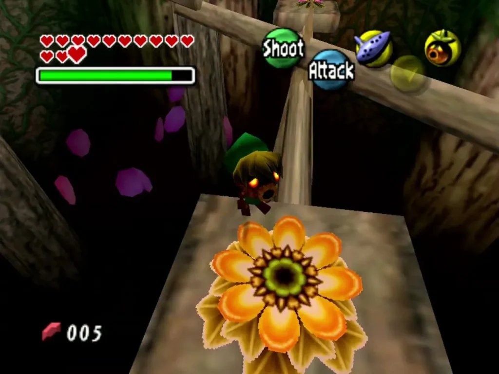 Deku Link springs from a yellow Deku Flower on a wooden platform in the Deku trial Deku Link springs from a yellow Deku Flower on a wooden platform in the Deku trial