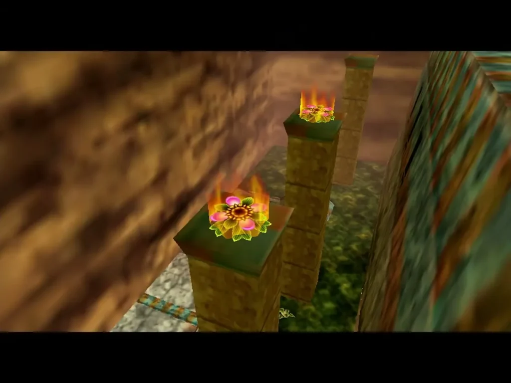 Two stone pillars topped with Deku Flowers wreathed in flame on the castle roof Two stone pillars topped with Deku Flowers wreathed in flame on the castle roof