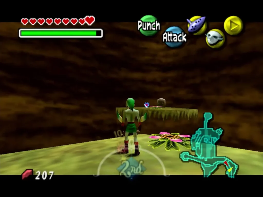 Link on the ground beside a pink Deku Flower, with a heart piece floating on a ledge across the gap Link on the ground beside a pink Deku Flower, with a heart piece floating on a ledge across the gap