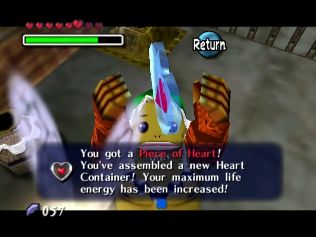 Link holding up the Piece of Heart with the new Heart Container message Link holding up the Piece of Heart with the new Heart Container message