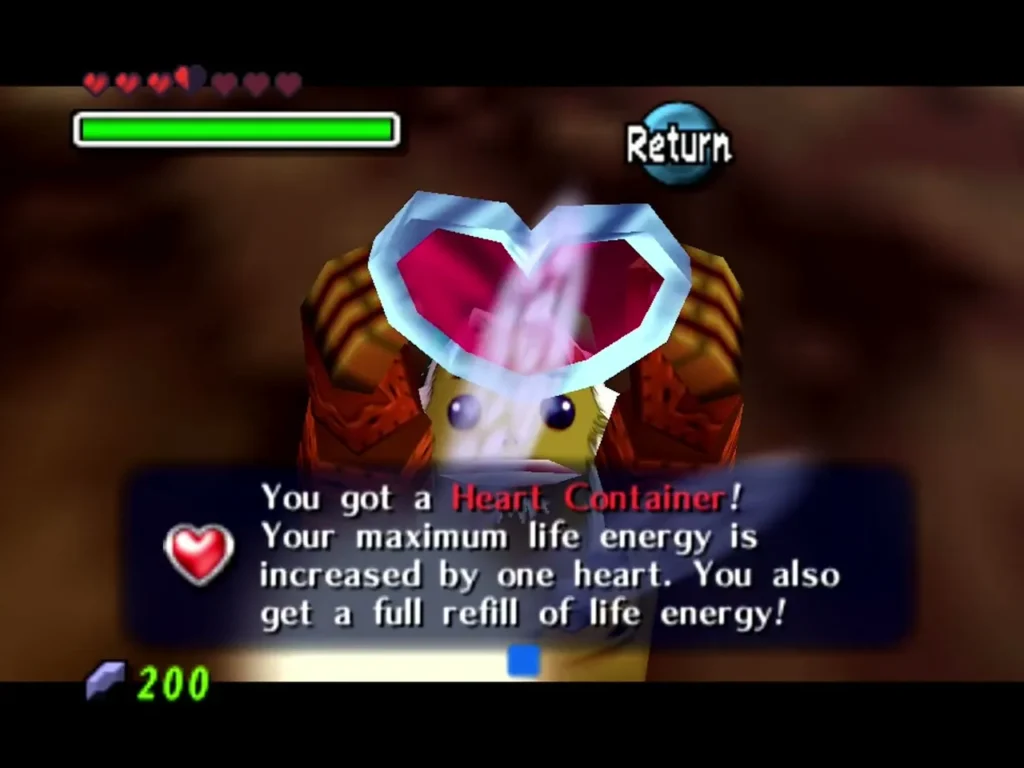 Goron Link holds up the Heart Container dropped by Goht, with the pickup message Goron Link holds up the Heart Container dropped by Goht, with the pickup message