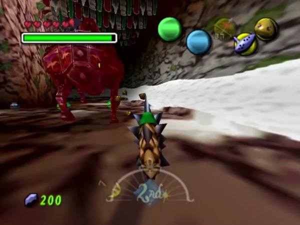 Goron Link rolling toward the red mechanical Goht in the Snowhead Temple boss arena Goron Link rolling toward the red mechanical Goht in the Snowhead Temple boss arena