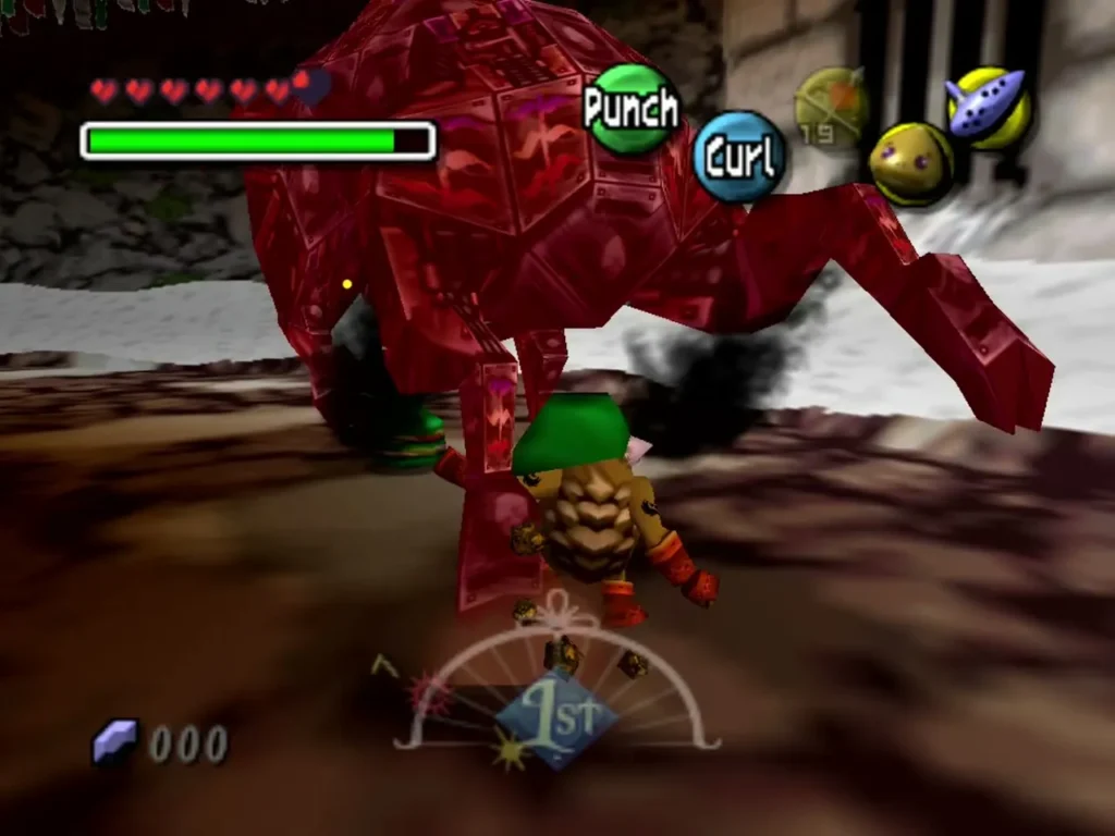 Goron Link curls beside Goht's legs on the icy track during the boss fight Goron Link curls beside Goht's legs on the icy track during the boss fight