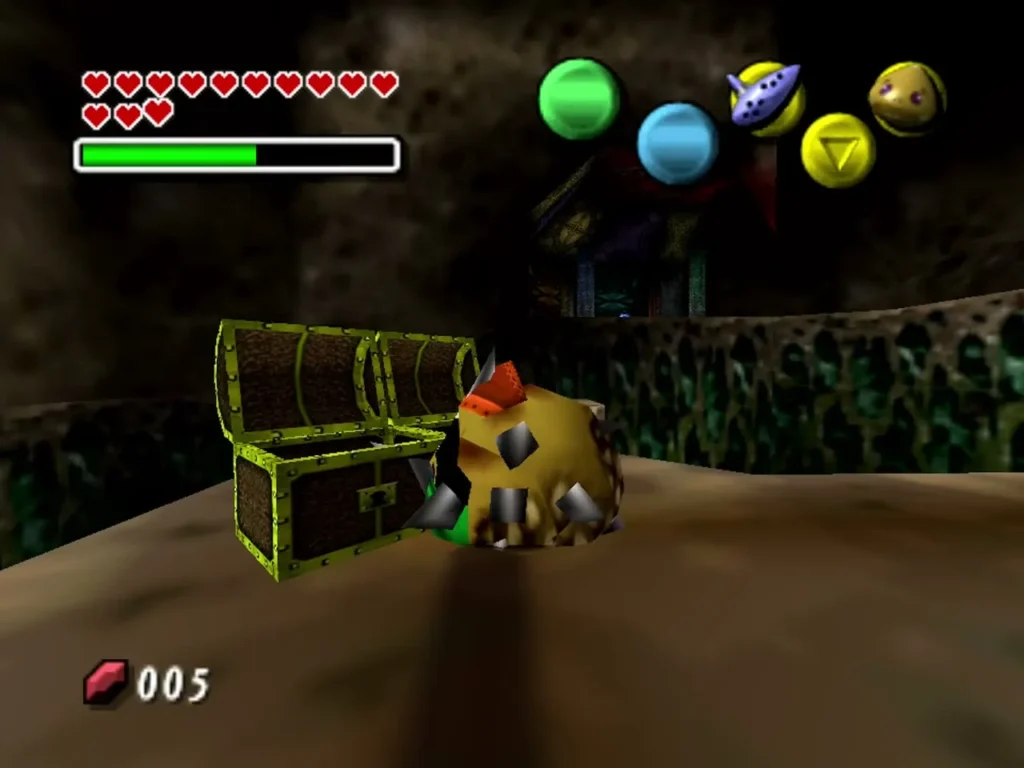 Goron Link curled beside an open chest on a stone ledge in the Goron trial Goron Link curled beside an open chest on a stone ledge in the Goron trial