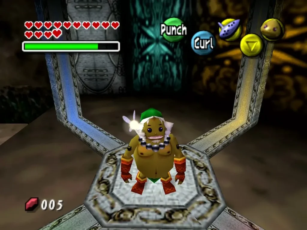 Goron Link stands on an octagonal pad with coloured rails near the end of the Goron Trial Goron Link stands on an octagonal pad with coloured rails near the end of the Goron Trial