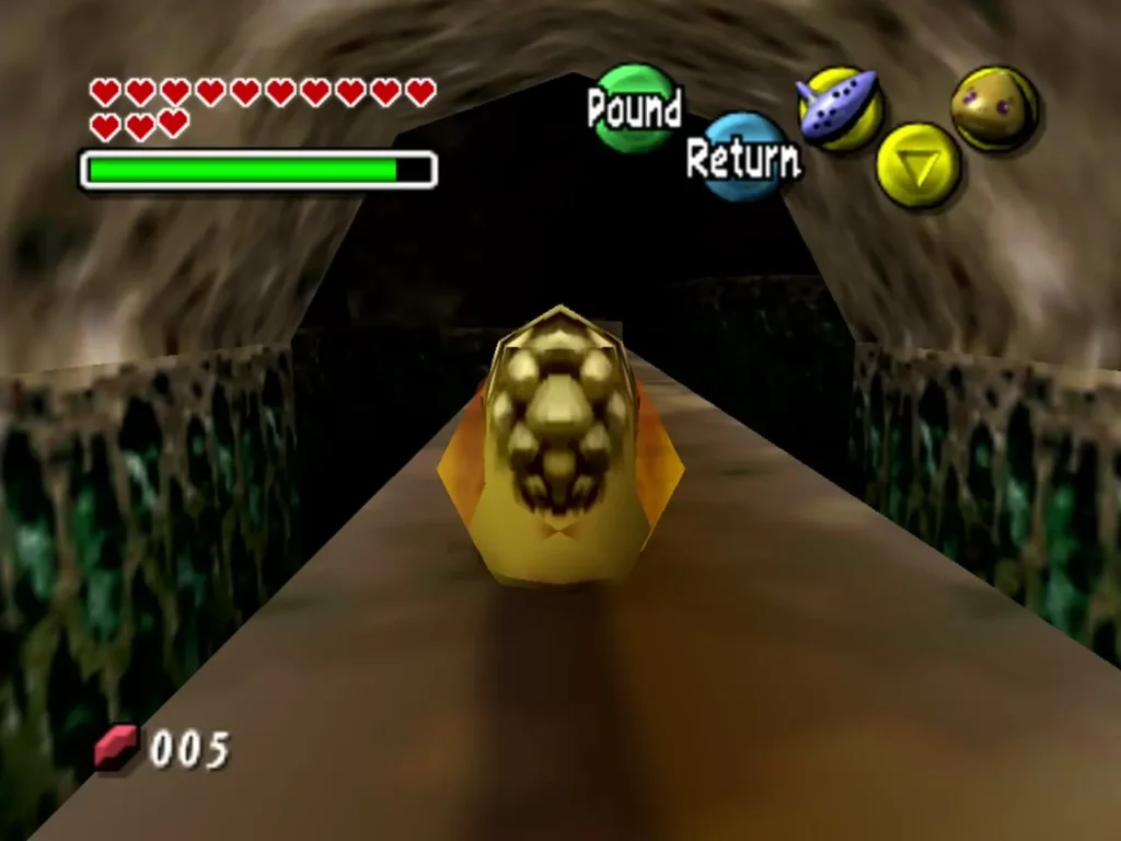 Goron Link rolls along a narrow stone path in the Goron trial Goron Link rolls along a narrow stone path in the Goron trial