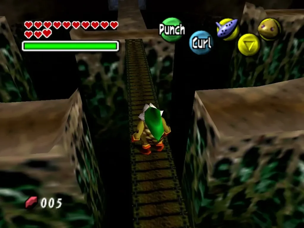 Goron Link rolls along a thin wooden plank path across the dark Goron Trial dungeon Goron Link rolls along a thin wooden plank path across the dark Goron Trial dungeon