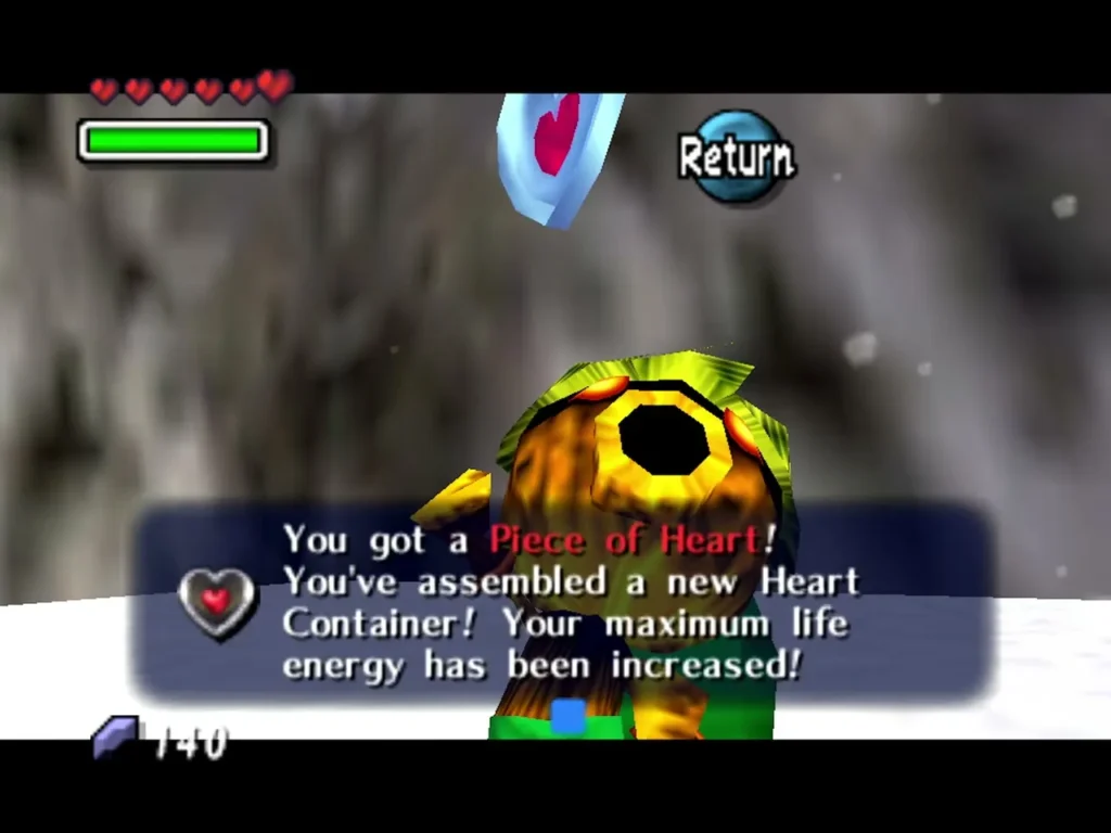 Deku Link holding up the Piece of Heart, the box reading a new Heart Container has been assembled Deku Link holding up the Piece of Heart, the box reading a new Heart Container has been assembled