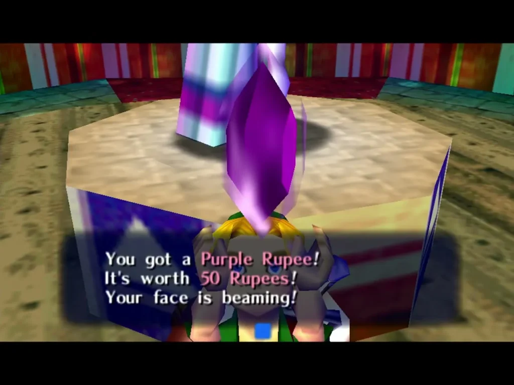 Link holding up a Purple Rupee prize worth 50 Rupees at Honey and Darling's shop Link holding up a Purple Rupee prize worth 50 Rupees at Honey and Darling's shop