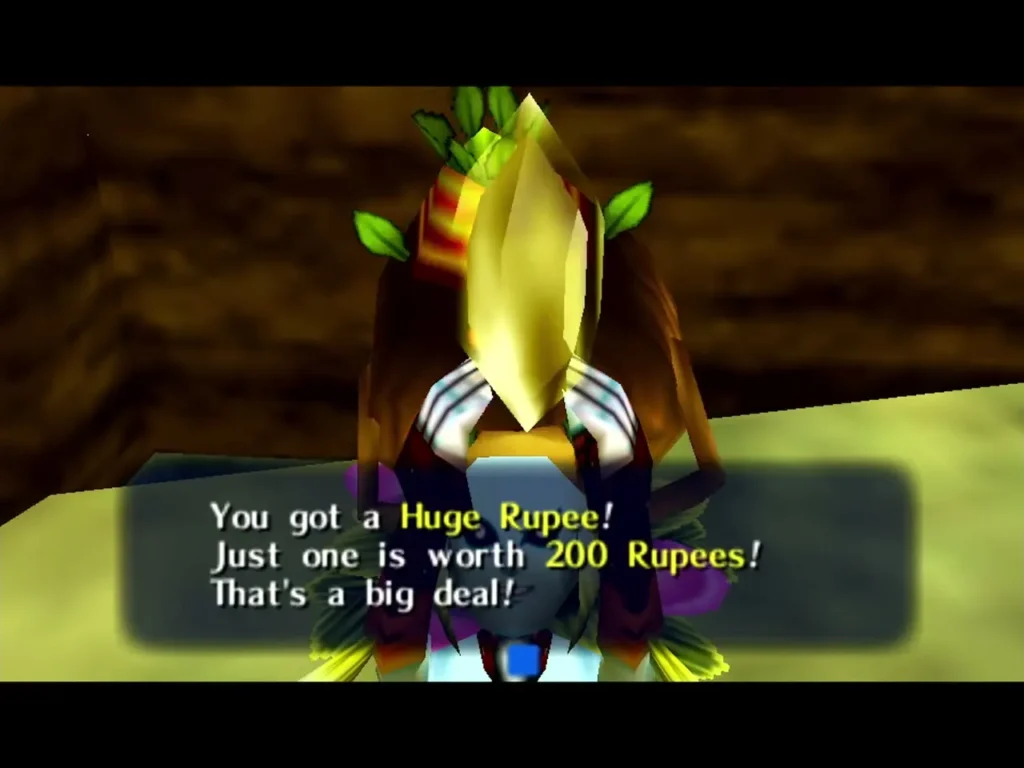 A Huge Rupee held up in the Ikana scrub's cave, the box saying one is worth 200 Rupees A Huge Rupee held up in the Ikana scrub's cave, the box saying one is worth 200 Rupees