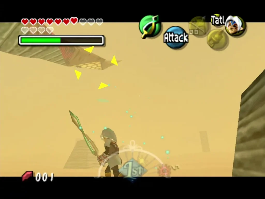 Hylian Link locks on to Twinmold's body in the sandstorm with sword raised Hylian Link locks on to Twinmold's body in the sandstorm with sword raised