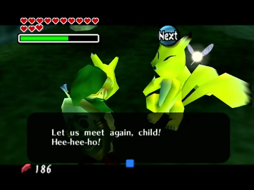 Link in the Keaton Mask stands beside the fox as it says goodbye after the quiz Link in the Keaton Mask stands beside the fox as it says goodbye after the quiz