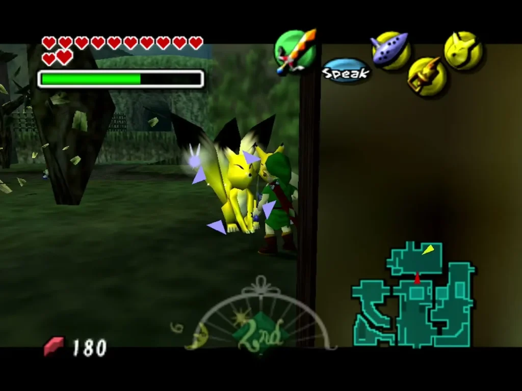 Link in the Keaton Mask stands next to the yellow Keaton fox on the night grass as the quiz begins Link in the Keaton Mask stands next to the yellow Keaton fox on the night grass as the quiz begins