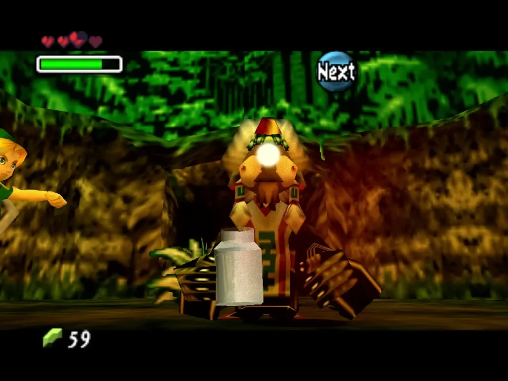 Koume the Magic Hag stands in a dim cave with a bottle at her feet after Link heals her Koume the Magic Hag stands in a dim cave with a bottle at her feet after Link heals her
