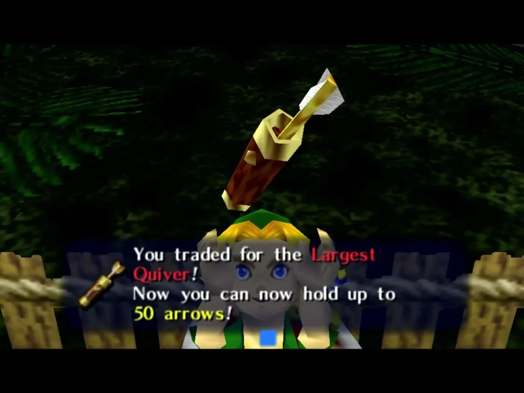 Link holding up the Largest Quiver with the message that he can now hold up to 50 arrows Link holding up the Largest Quiver with the message that he can now hold up to 50 arrows