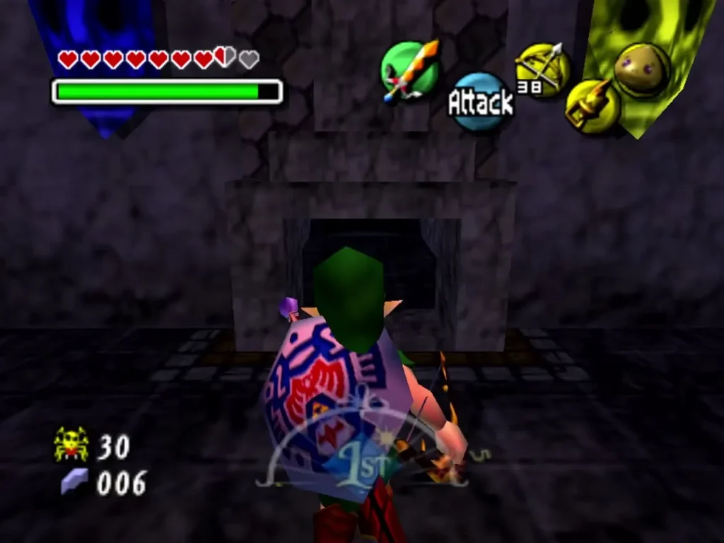 Link with his bow drawn before the stone fireplace beneath the colored skull masks Link with his bow drawn before the stone fireplace beneath the colored skull masks