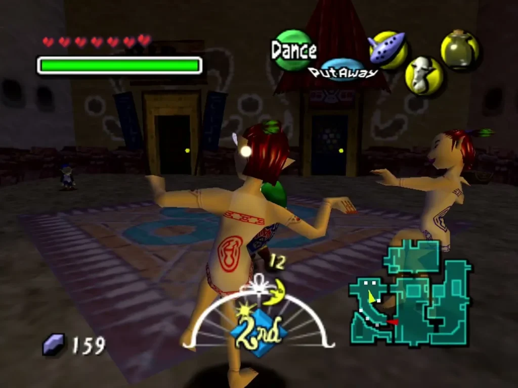 Link dances in West Clock Town at night while the two Rosa Sisters copy his steps Link dances in West Clock Town at night while the two Rosa Sisters copy his steps