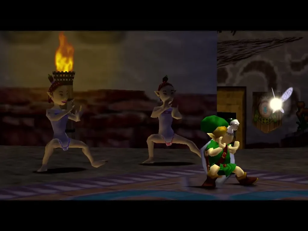 Link dancing beside the two Rosa Sisters in the West Clock Town square Link dancing beside the two Rosa Sisters in the West Clock Town square