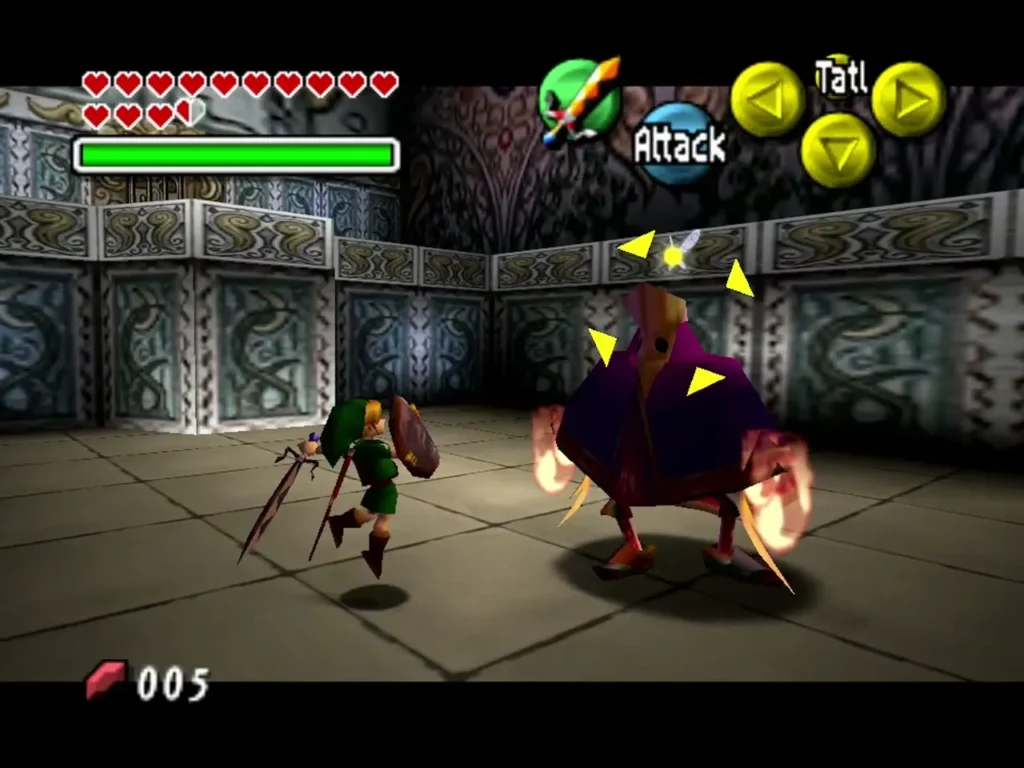 Link fights a purple cloaked flame-handed enemy in a room of the Link Trial Link fights a purple cloaked flame-handed enemy in a room of the Link Trial