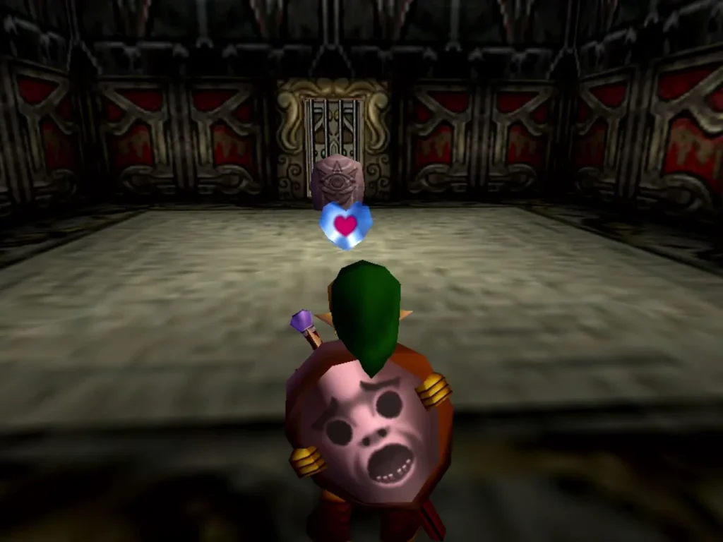 Link walks toward a floating piece of heart in the final room of the Link trial Link walks toward a floating piece of heart in the final room of the Link trial