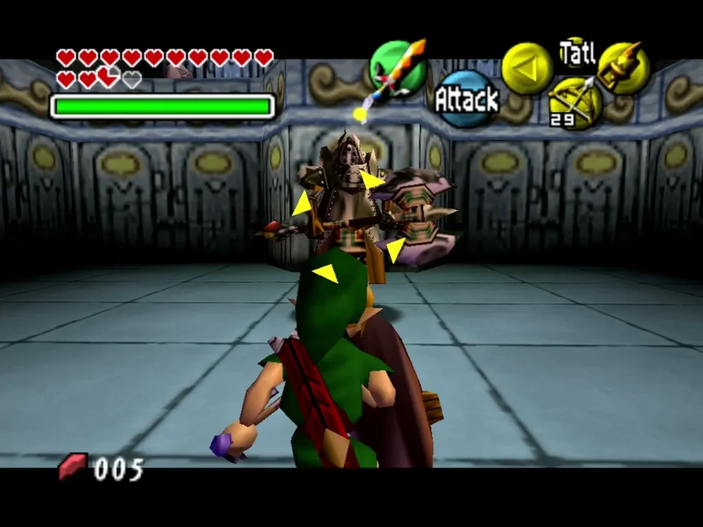 Link fights an Iron Knuckle with a large axe in a blue stone room of the Link trial Link fights an Iron Knuckle with a large axe in a blue stone room of the Link trial