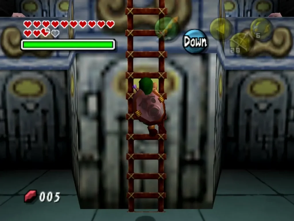 Link climbs the red wooden ladder up the stone wall in the Link trial Link climbs the red wooden ladder up the stone wall in the Link trial