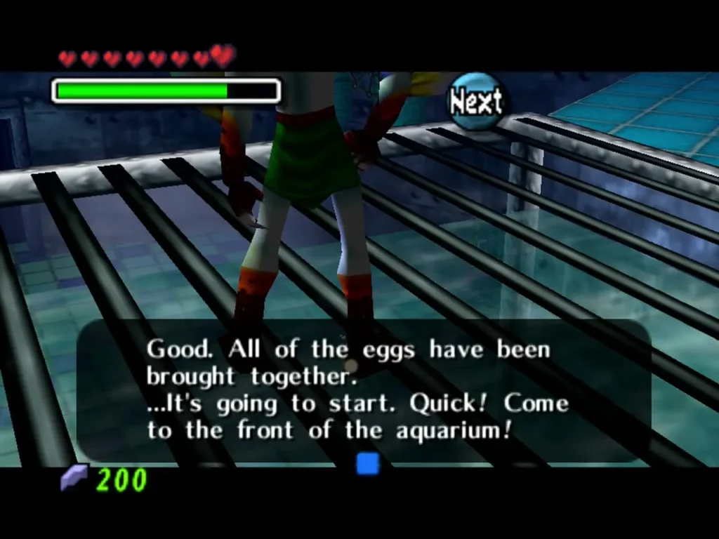 Link on the metal grate above the lab aquarium as the scientist tells him to come to the front of the tank Link on the metal grate above the lab aquarium as the scientist tells him to come to the front of the tank