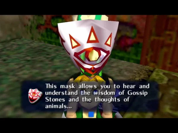 Link holds up the Mask of Truth, the box saying it lets him hear Gossip Stones and the thoughts of animals Link holds up the Mask of Truth, the box saying it lets him hear Gossip Stones and the thoughts of animals