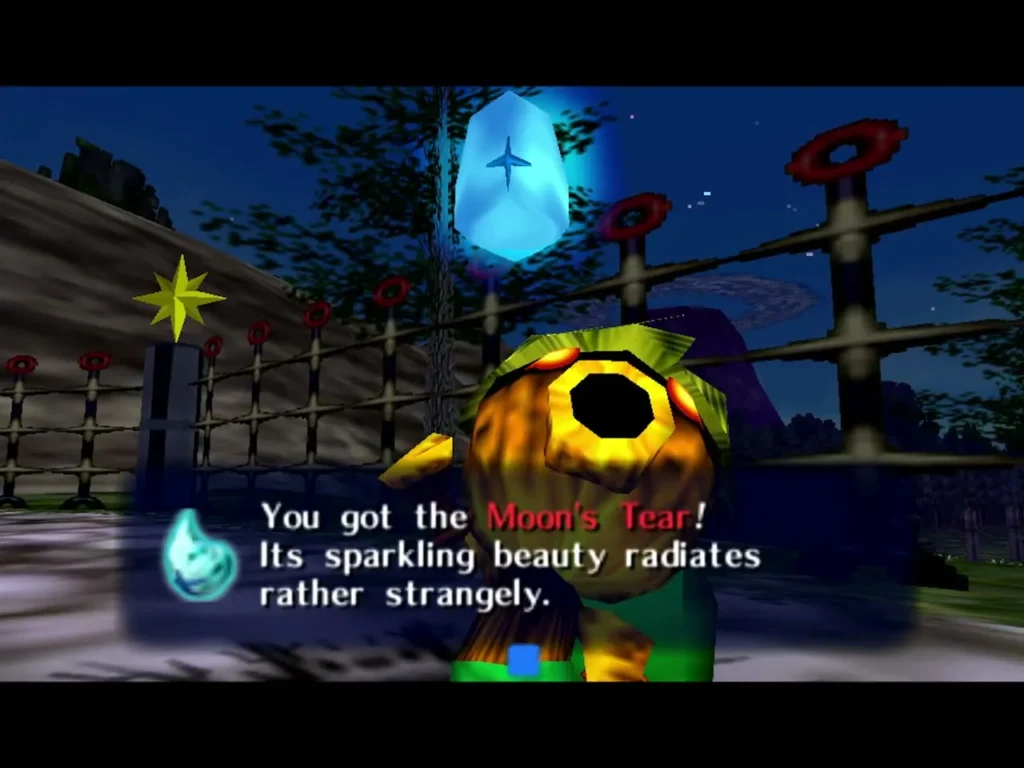 Deku Link beside the fenced night path with the Moon's Tear and its item box Deku Link beside the fenced night path with the Moon's Tear and its item box