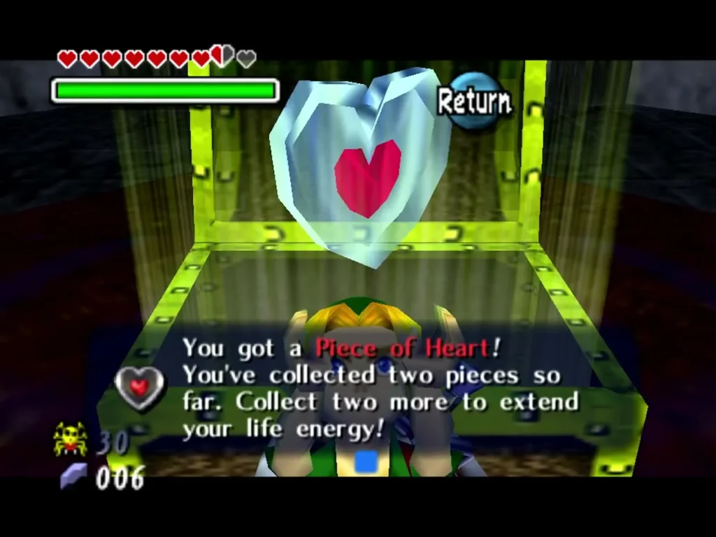 Link holds up a Piece of Heart from the Oceanside Spider House chest, box fully shown Link holds up a Piece of Heart from the Oceanside Spider House chest, box fully shown