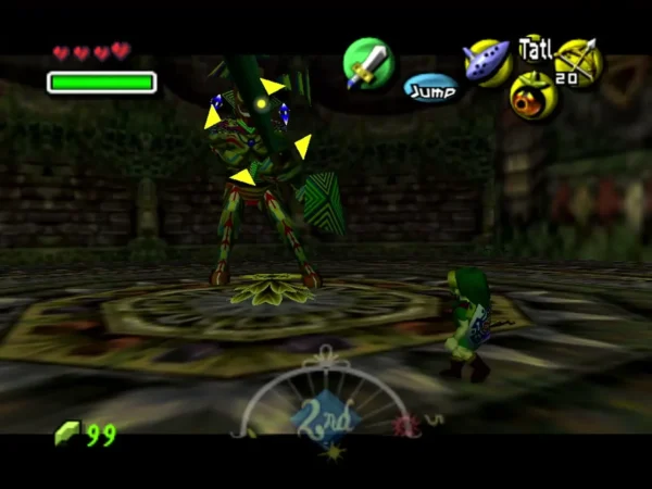 Link locks on to Odolwa in his arena inside Woodfall Temple Link locks on to Odolwa in his arena inside Woodfall Temple