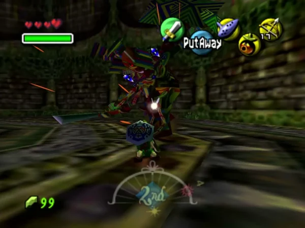 Link fights Odolwa with sword and shield while he swings his blade Link fights Odolwa with sword and shield while he swings his blade