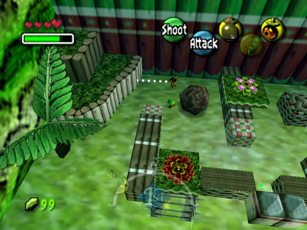 Deku Link crossing the hedged palace garden while guards patrol, one with a dotted line of sight Deku Link crossing the hedged palace garden while guards patrol, one with a dotted line of sight