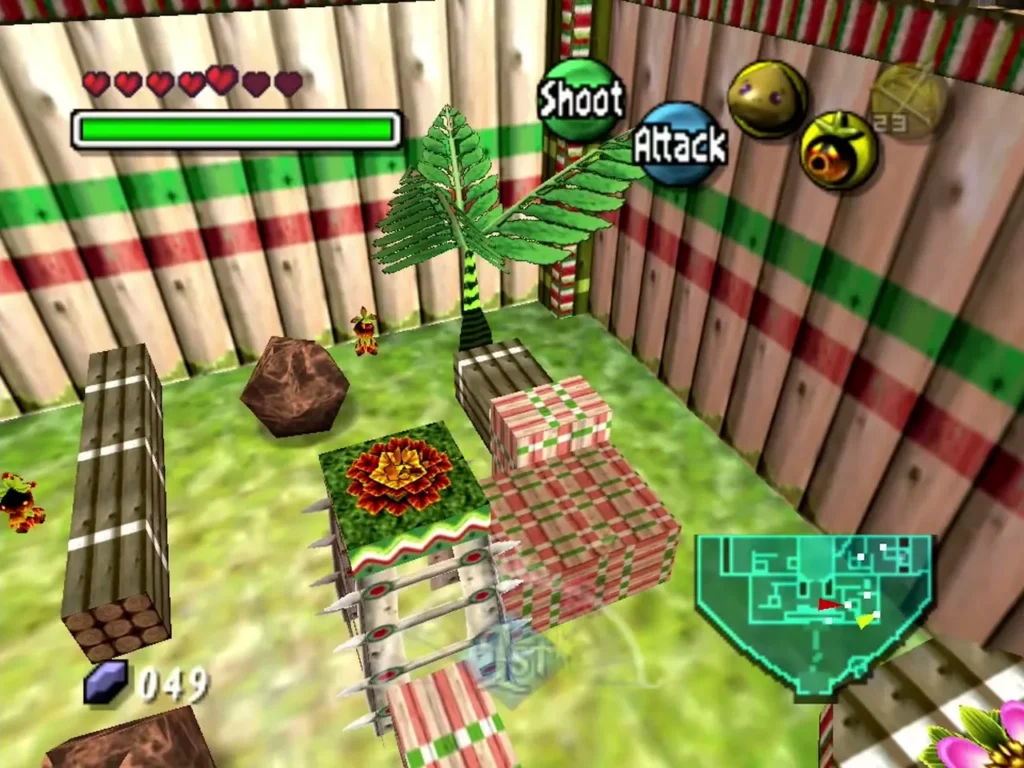 Overhead view of a hedged Deku Palace garden section with blocks, flower beds and a rock Overhead view of a hedged Deku Palace garden section with blocks, flower beds and a rock