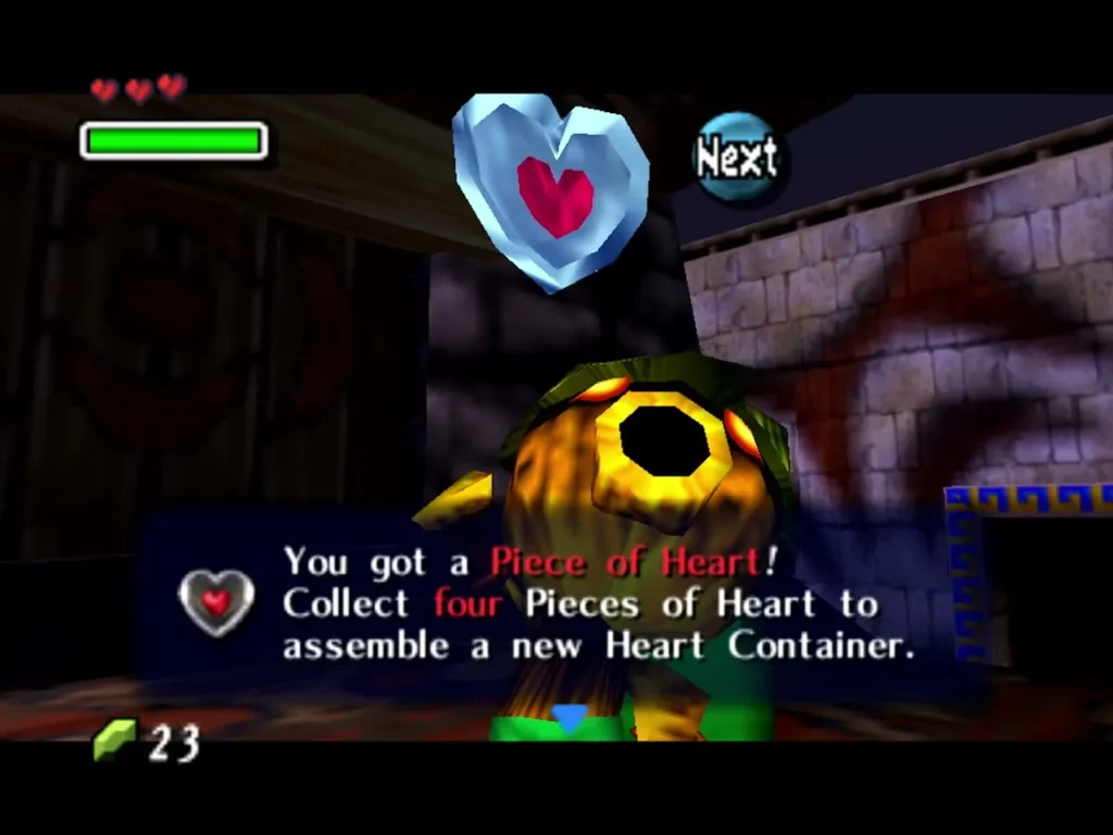 Deku Link beneath the floating heart piece with the You got a Piece of Heart message Deku Link beneath the floating heart piece with the You got a Piece of Heart message